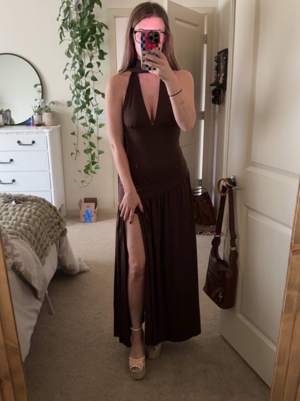 Plunging Halter Maxi Dress with High Side Slit and neck scarf